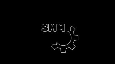 White line SMM icon isolated on black background. Social media marketing, analysis, advertising strategy development. 4K Video motion graphic animation.