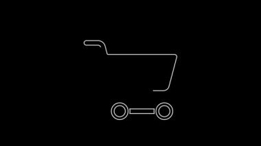 White line Shopping cart icon isolated on black background. Online buying concept. Delivery service. Supermarket basket. 4K Video motion graphic animation.