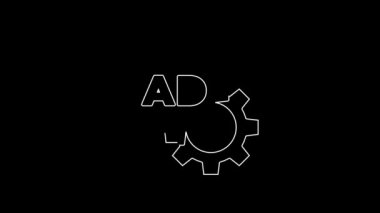 Beyaz çizgi reklam simgesi siyah arkaplanda izole edildi. Pazarlama ve tanıtım süreci kavramı. İlgili reklamlar. Sosyal medya reklamcılığı. 4K Video hareketli grafik canlandırması.