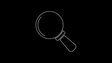 White line Magnifying glass and data analysis icon isolated on black background. 4K Video motion graphic animation.