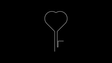 White line Key in heart shape icon isolated on black background. Valentines day symbol. 4K Video motion graphic animation.