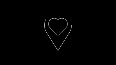 Siyah zemin üzerinde kalp simgesi olan beyaz çizgi haritası işaretçisi. Sevgililer Günü. Aşk yeri. Romantik harita iğnesi. 4K Video hareketli grafik canlandırması.