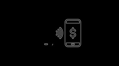 White line Money payment transfer in mobile icon isolated on black background. Concept of fast pay by purchase. Sending and receiving money. 4K Video motion graphic animation.