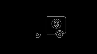 Beyaz çizgili zırhlı araç ikonu siyah arka planda izole edildi. 4K Video hareketli grafik canlandırması.