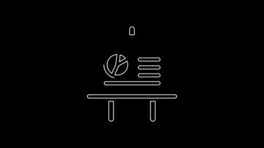 Grafik, çizelge, grafik, grafik, diyagram, bilgi, turta grafik simgesi içeren beyaz çizgi sunum tahtası siyah arkaplanda izole edildi. 4K Video hareketli grafik canlandırması.