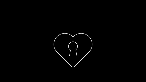 白色城堡的形状是一个心脏图标 隔离在黑色背景上 锁定的心脏 爱的象征和钥匙孔标志 4K视频运动图形动画 — 图库视频影像