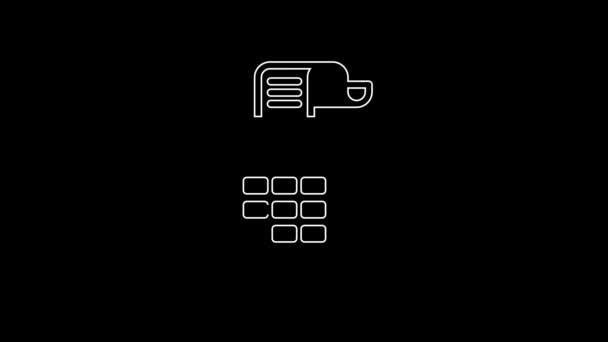 ブラックの背景に隔離されたチェックアイコンを持つホワイトラインキャッシュレジスタマシン レジ係のサインだ キャッシュボックスのシンボル 4Kビデオモーショングラフィックアニメーション — ストック動画