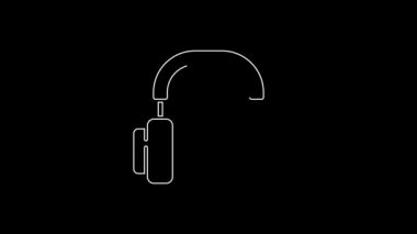 Beyaz çizgi kulaklık simgesi siyah arkaplanda izole edildi. Kulaklıklar. Müzik, hizmet, iletişim ve operatör konsepti. 4K Video hareketli grafik canlandırması.