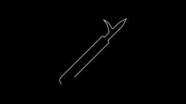 White line Metal pike pole with wooden handle icon isolated on black background. Spear, pickaxe, hook hand extinguishing instrument and tool for fireman. 4K Video motion graphic animation.