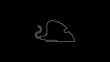 Siyah arkaplanda beyaz çizgi elektrikli demir ikonu var. Buhar ütüsü. 4K Video hareketli grafik canlandırması.