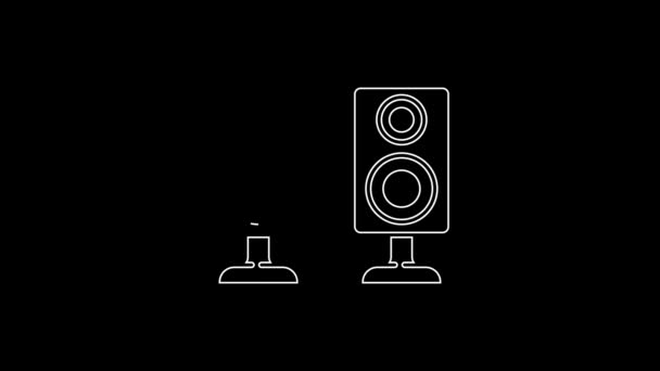白线立体声扬声器图标孤立在黑色背景 音响系统扬声器音乐图标 音乐柱扬声器低音设备 4K视频运动图形动画 — 图库视频影像
