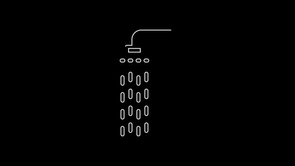 白线淋浴头与水滴流动图标隔离在黑色背景 4K视频运动图形动画 — 图库视频影像