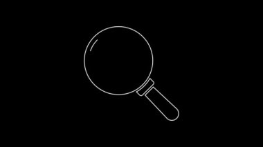 White line Magnifying glass with lightning bolt icon isolated on black background. Flash sign. Charge flash. Thunder bolt. Lighting strike. 4K Video motion graphic animation.