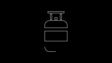Siyah arkaplanda beyaz çizgi Propan gaz tankı ikonu izole edildi. Yanabilir benzin deposu ikonu. 4K Video hareketli grafik canlandırması.