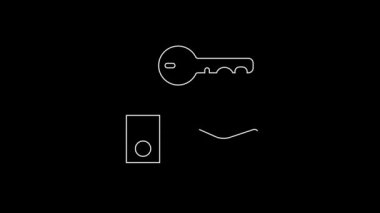 White line Hotel door lock key icon isolated on black background. 4K Video motion graphic animation.