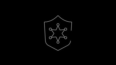 Beyaz çizgi polis rozeti simgesi siyah arkaplanda izole edildi. Şerif rozeti. 4K Video hareketli grafik canlandırması.