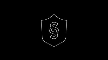White line Justice law in shield icon isolated on black background. 4K Video motion graphic animation.