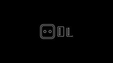 Beyaz çizgi elektrik çıkış simgesi siyah arkaplanda izole edildi. Elektrik prizi. Rosette sembolü. 4K Video hareketli grafik canlandırması.