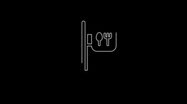 Beyaz çizgili kafe ve restoran konumu simgesi siyah arka planda izole edildi. Noktanın içinde çatal ve kaşık yeme işareti var. 4K Video hareketli grafik canlandırması..