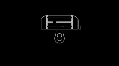 Siyah arka planda beyaz çizgi antika hazine sandığı ikonu var. Altın sikkeli klasik tahta sandık. 4K Video hareketli grafik canlandırması.