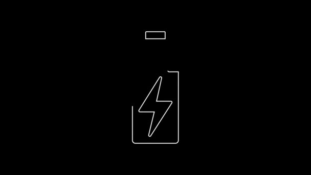 Witte Lijn Batterij Pictogram Geïsoleerd Zwarte Achtergrond Bliksemschicht Symbool Video — Stockvideo