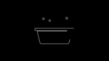 Siyah arka planda izole edilmiş ikonun içinde köpük kabarcıkları olan beyaz çizgi bebek küveti. 4K Video hareketli grafik canlandırması.