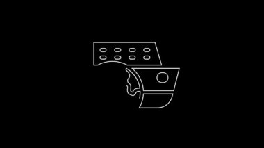 White line Cruise ship icon isolated on black background. Travel tourism nautical transport. Voyage passenger ship, cruise liner. Worldwide cruise. 4K Video motion graphic animation.