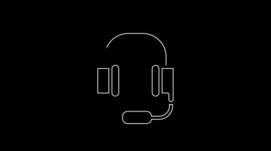 White line Headphones with microphone icon isolated on black background. 4K Video motion graphic animation.