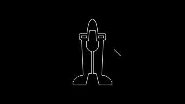 Beyaz çizgi Jet savaş uçağı simgesi siyah arka planda izole edildi. Askeri uçak. 4K Video hareketli grafik canlandırması.