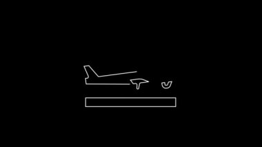 White line Plane landing icon isolated on black background. Airplane transport symbol. 4K Video motion graphic animation.