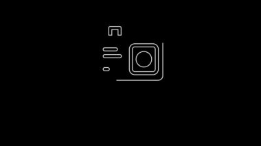 Beyaz çizgi Eylem uç kamera simgesi siyah arkaplanda izole edildi. Ekstrem sporları çekmek için video kamera ekipmanı. 4K Video hareketli grafik canlandırması.