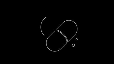 Siyah arka planda beyaz çizgi ilaç veya tablet ikonu var. Kapsül hapı ve uyuşturucu işareti. Eczane tasarımı. 4K Video hareketli grafik canlandırması.