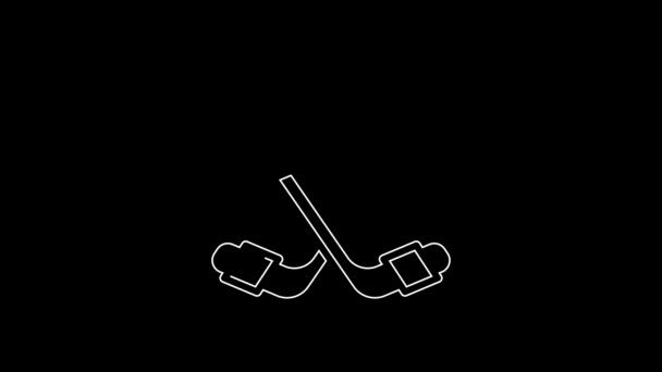 White Line Ice Hockey Sticks Icon Isolated Black Background Video — ストック動画