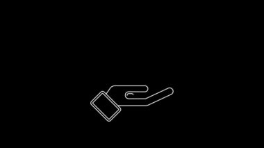 White line Hand holding a fire icon isolated on black background. Insurance concept. Security, safety, protection, protect concept. 4K Video motion graphic animation.