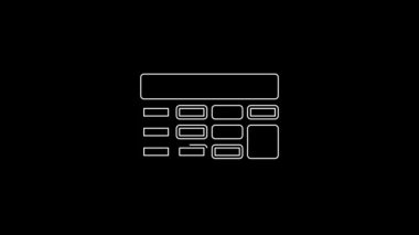 Beyaz çizgi hesap makinesi simgesi siyah arkaplanda izole edildi. Muhasebe sembolü. İş hesaplamaları matematik eğitimi ve finans. 4K Video hareketli grafik canlandırması.