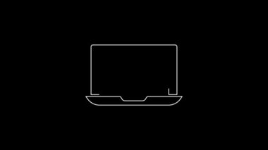 Siyah arkaplanda grafik grafik simgesi olan beyaz çizgi dizüstü bilgisayarı. Metin dosya simgesini rapor et. Muhasebe tabelası. Denetim, analiz, planlama. 4K Video hareketli grafik canlandırması.