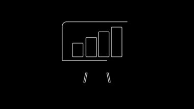 Grafik çizelgesi simgesi olan beyaz çizgi bilgisayar monitörü siyah arkaplanda izole edildi. Metin dosyasını rapor et. Muhasebe tabelası. Denetim, analiz, planlama. 4K Video hareketli grafik canlandırması.