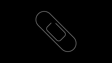 Beyaz çizgi, siyah arkaplanda izole edilmiş bandaj alçı ikonu. Tıbbi alçı, yapıştırıcı bandaj, esnek kumaş bandajı. 4K Video hareketli grafik canlandırması.