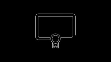 Beyaz çizgi sertifika şablonu simgesi siyah arkaplanda izole edildi. Başarı, ödül, diploma, burs, diploma. İş başarısı sertifikası 4K Video hareketli grafik canlandırması.