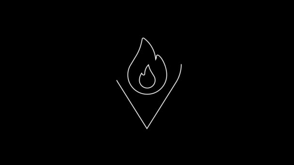 Покажчик Карти Білої Лінії Піктограмою Вогню Ізольовано Чорному Тлі Пожежа — стокове відео