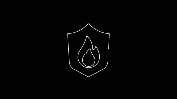 White Line Fire Protection Shield Icon Isolated Black Background Insurance — Vídeo de stock