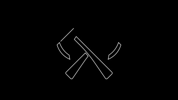 White Line Firefighter Axe Icon Isolated Black Background Fire Axe — Stock video