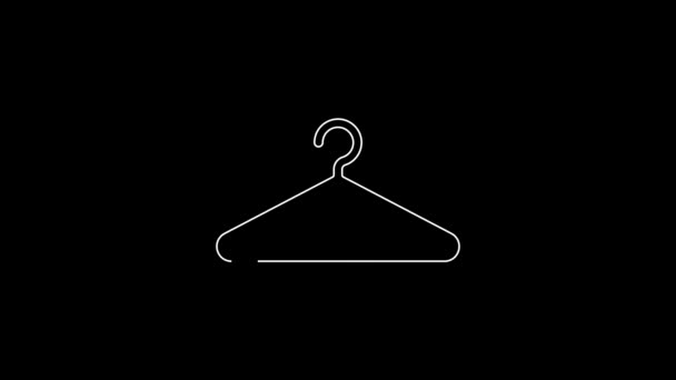 ホワイトライン黒の背景に隔離されたハンガーワードローブアイコン クロークルームのアイコン 衣類サービスのシンボル 洗濯ハンガーの看板 4Kビデオモーショングラフィックアニメーション — ストック動画