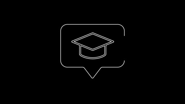 白线毕业帽的语音泡沫图标孤立在黑色背景 有花生酱图标的毕业帽 4K视频运动图形动画 — 图库视频影像