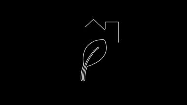 White line Eco friendly house icon isolated on black background. Eco house with leaf. 4K Video motion graphic animation.