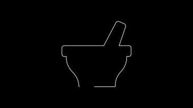 Beyaz çizgi havan ve tokmak simgesi siyah arkaplanda izole edildi. 4K Video hareketli grafik canlandırması.