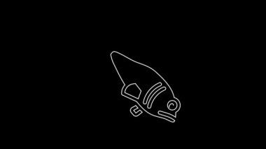 Beyaz çizgi Balık simgesi siyah arkaplanda izole edildi. 4K Video hareketli grafik canlandırması.