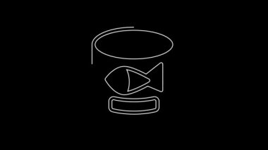 Siyah arka planda beyaz çizgi konserve balık ikonu izole edildi. 4K Video hareketli grafik canlandırması.