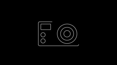 Beyaz çizgi fotoğraf makinesi simgesi siyah arkaplanda izole edildi. Foto kamera. Dijital fotoğrafçılık. 4K Video hareketli grafik canlandırması.