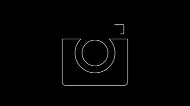 Beyaz çizgi fotoğraf makinesi simgesi siyah arkaplanda izole edildi. Foto kamera. Dijital fotoğrafçılık. 4K Video hareketli grafik canlandırması.